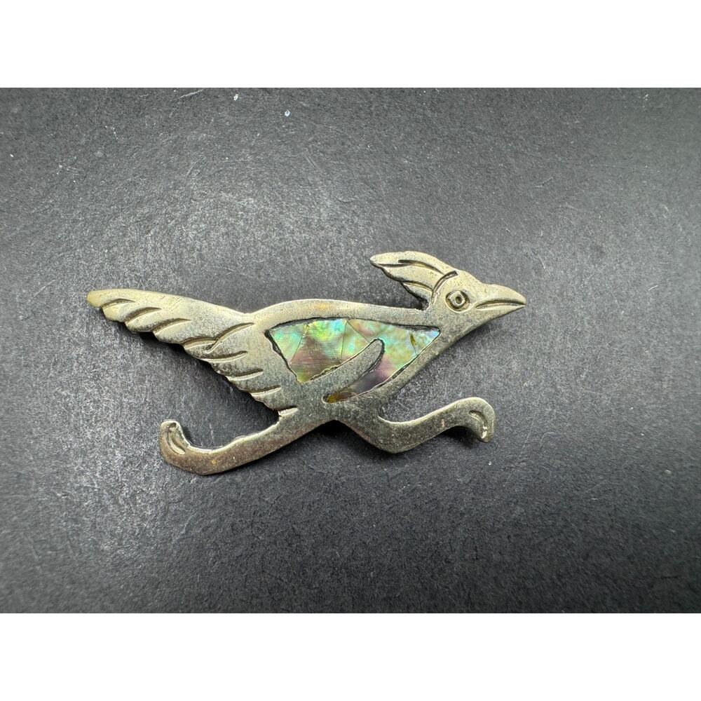 Vintage Signed Alpaca Sterling Silver 925 & Abalone Shell Roadrunner Mexican Pin